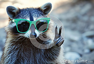 a raccoon wearing green sunglasses making a hand gesture Stock Photo