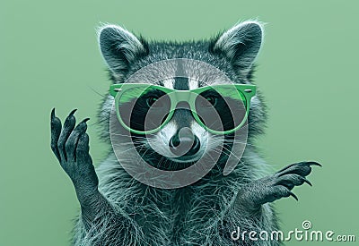 a raccoon wearing green sunglasses making a hand gesture Stock Photo