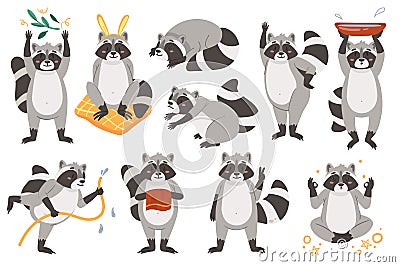 Raccoons cute animal set, funny racoon in different adorable poses childish collection Vector Illustration