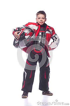 Race car or bike driver. The boy in the costume of the racer isolated on white background Stock Photo