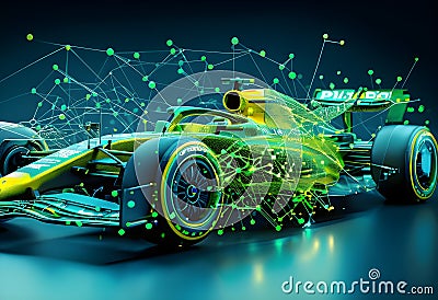 race car, breaking into pixels and data points, morphing into a network of neural nodes Stock Photo