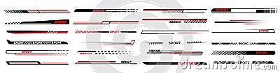 Race car lines. Sport stripes vinyl stickers, racing vehicle tuning and speed line vector set Vector Illustration