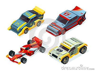 Race car set. 3D racing cars. Isometric sport pictures Vector Illustration