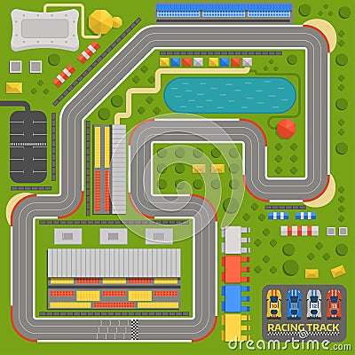 Race car sport track curve road vector. Top view of car sport competition constructor symbols. Circuit transportation Vector Illustration