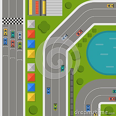 Race car sport track curve road vector. Top view of car sport competition constructor symbols. Circuit transportation Vector Illustration