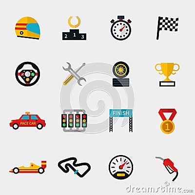 Race car track and racing flag modern flat icons Vector Illustration