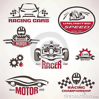 Race cars, racing emblem and label set Vector Illustration