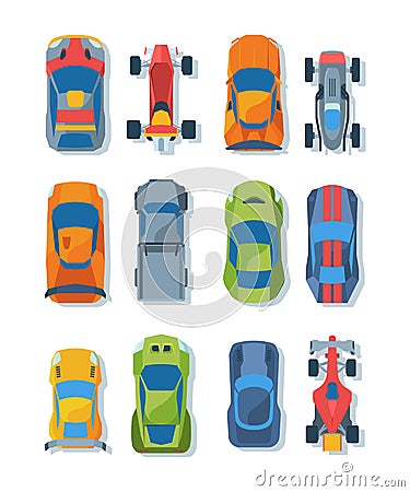 Race cars top view flat illustrations set Vector Illustration