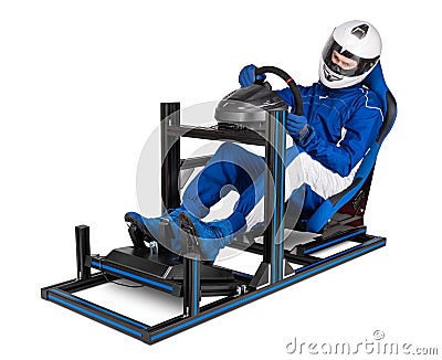 Race driver in blue overall with helmet training on simracing aluminum simulator rig for video game racing. Motorsport car bucket Stock Photo