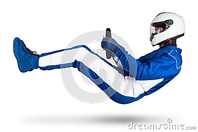 Race driver in blue white motorsport overall hover over ground in driving seat position with steering wheel shoes gloves and Stock Photo