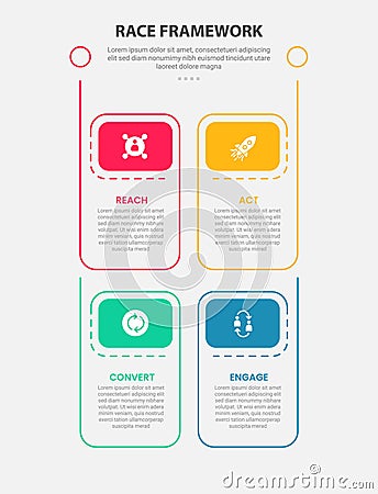 RACE framework infographic outline style with 4 point template with vertical box structure with header badge for slide Stock Photo