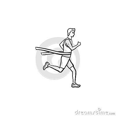Race runner and finishing tape hand drawn outline doodle icon. Vector Illustration