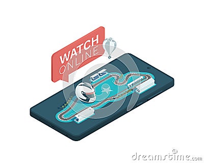 Race track. Isometric racing circuit on smartphone. Motorsport online on a smartphone. Isometric vector illustration Cartoon Illustration