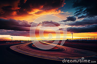 race track at sunset, with the sky and clouds changing colors Stock Photo