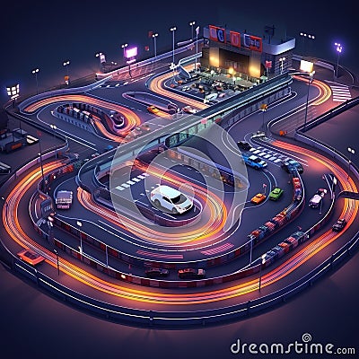 Race Tracks highspeed racing circuits with speedy cars thrilling races action pack 3D Isometric AI Stock Photo