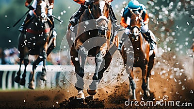 Racehorses and jockeys compete at finish line. Blurred motion background to emphasize speed. Bet concept. Generative AI Stock Photo