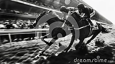 Racehorses and jockeys compete at finish line. Blurred motion background to emphasize speed. Bet concept. Generative AI Stock Photo