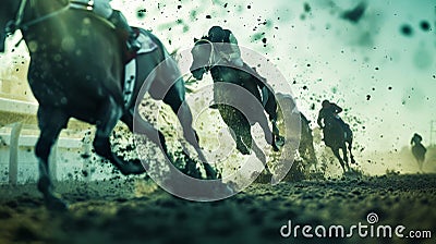 Racehorses and jockeys compete at finish line. Blurred motion background to emphasize speed. Bet concept. Generative AI Stock Photo