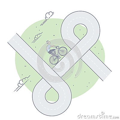 Racer on Bicycle Riding on the Road Junction. Man Cycling at Vacation Vector Illustration