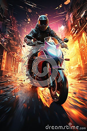 racer biker motorcyclist in helmet rides a sports motorcycle on road in a city race at night. Speed, motion blur Stock Photo