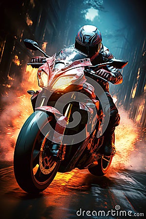 racer biker motorcyclist in helmet rides a sports motorcycle on road in a city race at night. Speed, motion blur Stock Photo