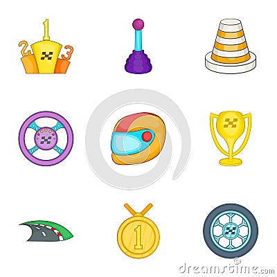 Racing accessories icons set, cartoon style Vector Illustration