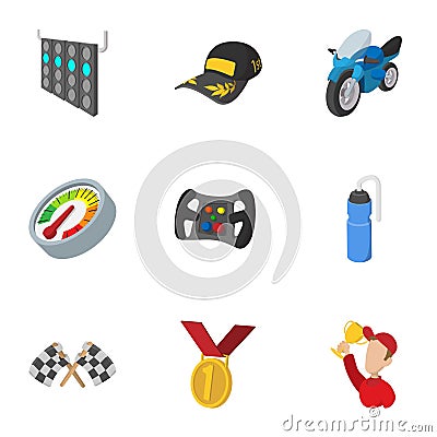 Racing accessories icons set, cartoon style Vector Illustration