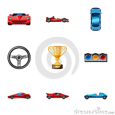 Racing accessories icons set, cartoon style Cartoon Illustration