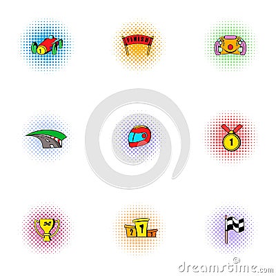 Racing accessories icons set, pop-art style Vector Illustration