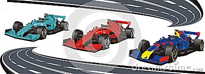 Racing cars on the background of the race track. Vector Illustration