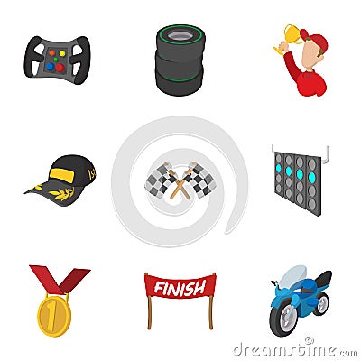 Racing and competition icons set, cartoon style Vector Illustration