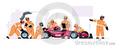 Racing crew. Cartoon pit stop team in uniform working on race car. Mechanic workers changing wheels of bolide Vector Illustration