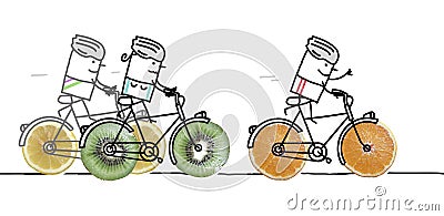 Cartoon three sporty cyclists with big fruity wheels Stock Photo