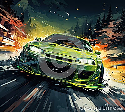 Racing green car in a winter drifting road Stock Photo