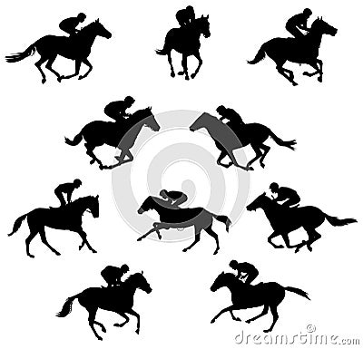 10 racing horses and jockeys silhouettes Vector Illustration