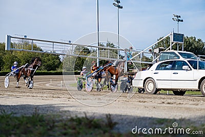 Racing horses trots on the track of stadium trotting horse racing competition Editorial Stock Photo