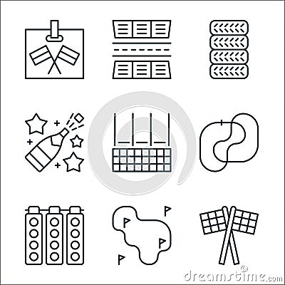 racing line icons. linear set. quality vector line set such as finish flag, race track, spot lights, race track, finish point, Vector Illustration