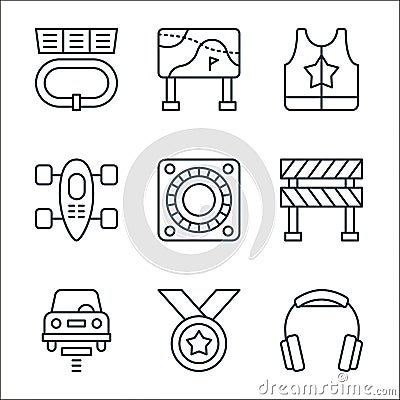 racing line icons. linear set. quality vector line set such as headphones, medal, car lift, road block, alternator, race car, Vector Illustration