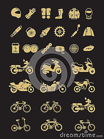 Racing motorcycle, bicycle, motorbike parts and transportation vector icons Vector Illustration