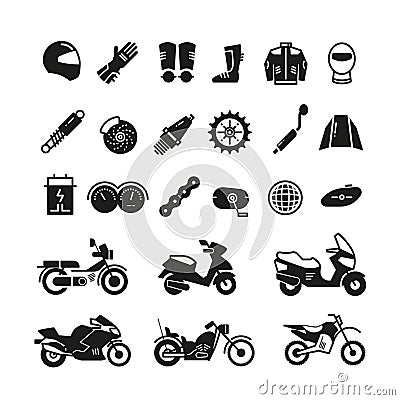 Racing motorcycle, motorbike parts and transportation vector icons Vector Illustration