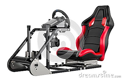 Racing Simulator Cockpit with gaming racing steering wheel and foot pedal. 3D rendering Stock Photo