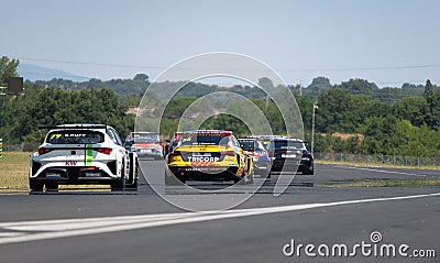 Racing TCR cars group on asphalt racetrack straight Editorial Stock Photo