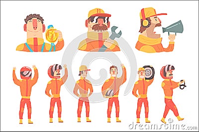 Racing Team Members In Orange Uniform Including Driver and Pit Stop Technicians Team Set of Cartoon Characters. Vector Illustration