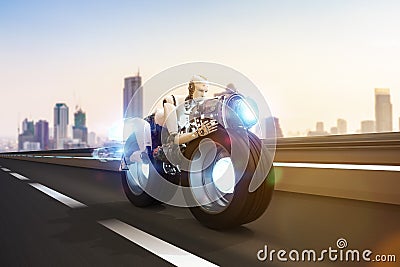Racing technology with robot riding on motorbike Stock Photo