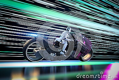 Racing technology with robot riding on motorbike with speed Stock Photo