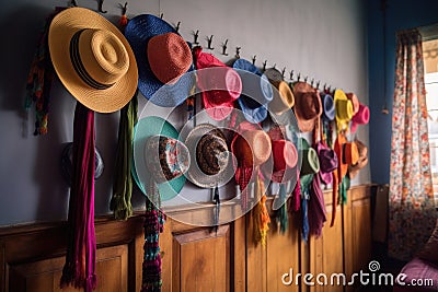 rack of colorful hats hanging on the wall Stock Photo