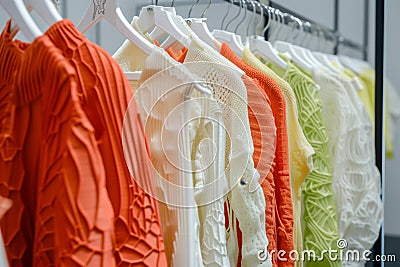 rack filled with 3d printed clothes in an avantgarde retail store Stock Photo