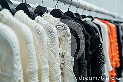 rack filled with 3d printed clothes in an avantgarde retail store Stock Photo
