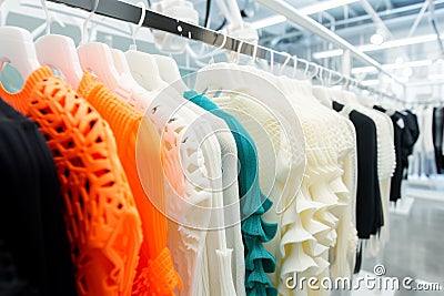 rack filled with 3d printed clothes in an avantgarde retail store Stock Photo