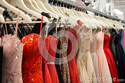 rack full of sleeveless and offshoulder evening gowns in a retail shop Stock Photo